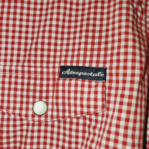 Aeropostale Women's Short Sleeve Collared Snap Up Top Red & White Check 535 - Picture 6 of 6